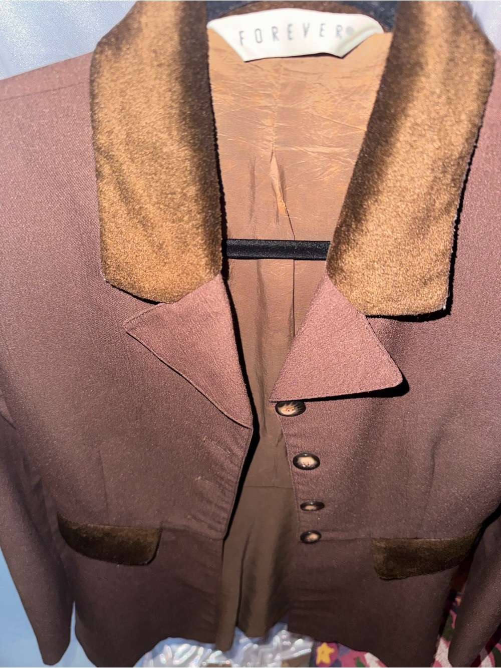 Classic Women's Dark Brown Blazer with Velvet Trim - Picture 5 of 10
